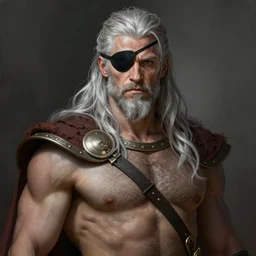 painted portrait of rugged odin, god of war, eyepatch, norse god, white hair, masculine, mature, handsome, upper body, grey and silver, muscular, hairy torso, fantasy, intricate, muscular, elegant, highly detailed, digital painting, artstation, concept art, smooth, sharp focus, illustration, art by gaston bussiere and alphonse mucha