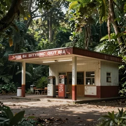 An old Gas station in a dense jungle