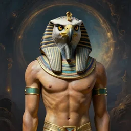 rendering by octane, unreal engine, aesthetic, full body skin Egyptian god with an eagle head, animalistic Face like a eagle, realistic feathers, realistic eagle beak , microdetail, in the style of Charlie Bowater and Waterhouse, symmetrical, cinematic lighting, elegant, oil painting, cinematic, portrait, Raphaelite, magical background, magical realism, body shot
