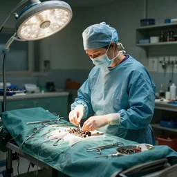an environmental concept art of a babushka surgeon in a cluttered mechanics workshop, surgical impliments, surgery table, highly detailed, cinematic, dramatic