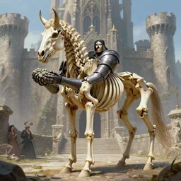 a spiked horned detailed horse skeleton with armored joints stands in a large castle with a pebble in hands. wearing massive shoulderplates. vibrant art by ariel perez, michael whelan, rebecca guay, ed binkley, johannen voss. extremely high details, realistic, fantasy art, solo, masterpiece, bones, artstation contest winner