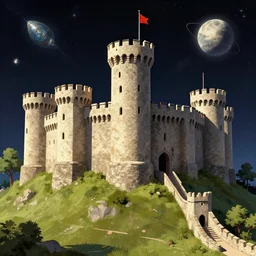 motte and bailey, 4K illustration of medieval fortification in space