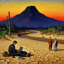 the 🛰💥 site at a 🏜 dry river bed by ivan shishkin and zacharias aagaard and simon stalenhag and escher, chiaroscuro, tonalism, sfumato, high saturation, high contrast, vibrant, 🦿 👨💻👩🚒🧑🔧🌵🌇