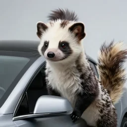 hybrid elon musk and skunk animal, closeup detailed, tesla car, studio photo