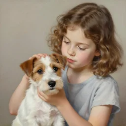 a seven year old girl with short wavy curly light brown hair petting the head of a very cute wire haired jack russell terrier puppy, white with brown patches over both eyes. detailed, high quality painting by artgerm and greg rutkowski and alphonse mucha