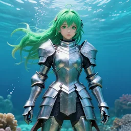 real photograph of a hyperrealistic ultradetailed anime - styled girl dressed in steel plate armor, gorgeous, posed, physically textured, standing under the sea, vibrant, made by wlop, trending on artstation, kawaii green hairstyle, lifelike human, dreamlike, k - pop person, 3 d, extremely immersive, sharp focus, art by studio ghibli