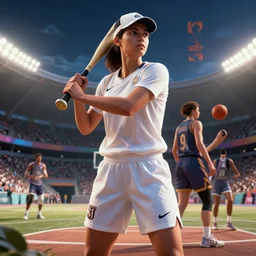 epic portrait cinematic shot an female basketball player, white shirt, shorts, a cap, a baseball bat, stadium backround, sunny, fine details. night setting. realistic shaded lighting poster by craig mullism, artgerm, jeremy lipkin and michael garmash, unreal engine, radiant light, detailed and intricate environment, digital art, trending on art station,