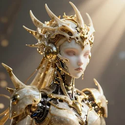 a 4k cinematic full view ethereal android  wearing intricate mecha gilded cyberpunk bone crown ivory , Unreal Engine 5, God Rays, Lumen, by Peter Mohrbacher, by Ruan Jia, by Greg Rutkowski, by Leonardo Da Vinci, detailed and realistic, poetic and symbolic,  rule of thirds, golden ratio, Trending on Artstation