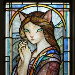 cat becomes woman. art deco stained glsss