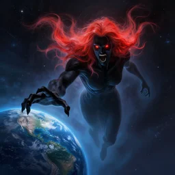 A ghostly presence floats through the universe, the destroyer of worlds reaches for earth as the void screams, glowing eyes, infrared hair, pitch black skin, highly detailed, digital painting, artstation, concept art, smooth, sharp focus, illustration, Unreal Engine 5, 8K, art by Esao Andrews.