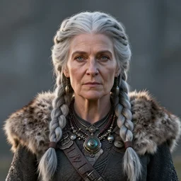 Old viking woman with braids in gray hair wearing fur and jewelry, very detailed, symmetric, unreal engine, rim-light