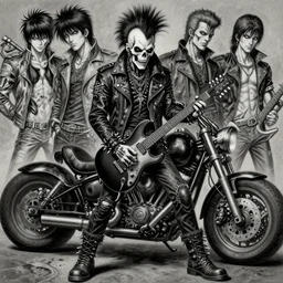 a portrait of the grim reaper as a punk rocker, punk, skeleton face, mohawk, dark, fantasy, leather jackets, spiked collars, spiked wristbands, piercings, boots, electric guitars, motorcycles, ultrafine detailed painting by frank frazetta and vito acconci and virgil finlay and takeshi obata, death note style, detailed painting