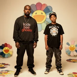 a photoshoot for a new clothing brand by kanye west and kid cudi named kids see ghosts, by akihito yoshida, by takashi murakami, vintage, ultra - wide angle, warm color palette, light mode, 2. 5 - dimensional, 1 6 k, ultra - hd, cloth, rubber