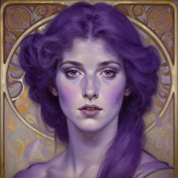 purple, character portrait of purple, by waterhouse, by mucha, lean face, symmetrical face, face symmetry, cinematic lighting, beautiful, elegant, oil painting, cinematic, portrait, raphaelite, trending on artstation, intricate background