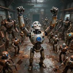 a robot mad scientist grinning and looking up with both fists raised high in triumph, standing in front of hundreds of dangerous robots inside a huge rusty dingy warehouse, raygun gothic, atomic punk, digital art, detailed octane render, high angle
