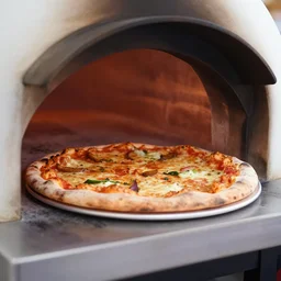 close - up of a pizza cooking in a wood fired pizza oven on a tropical beach, in the sunset, basil growing as palm trees, in the background little tomato characters are playing in the water, throwing mozzarella balls, magnificent sky, extremely detailed 3 d octane render, 4 k, 8 k