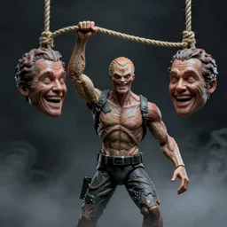 cinematography picture of the mutant human figurine, holding rope with the two human heads, human skin, crazy smile, dark fog, unreal engine 5, hyperrealistic, high detailed, 8k