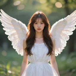 centered  waist up portrait photography an angel +  bokeh + DOF + 8k, photorealistic, vibrant colors + rendered in octane