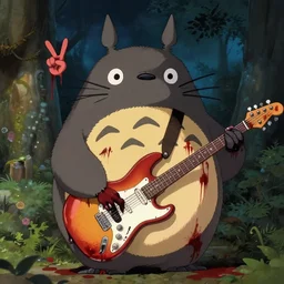 cannibal totoro, blood stained, cannibal corpse fan, playing an electric guitar and doing the horn symbol with his hand fantasy digital art, wow, stunning, ghibli style, hight quality