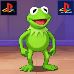 screenshot of a kermit the frog as an npc in spyro the dragon video game, with playstation 1 graphics, activision blizzard, upscaled to high resolution