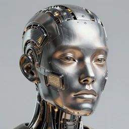 a portrait of a cyborg face half made of metal panels and wire led screens, surrealism, high detail, smooth, unreal engine, hard surface character concept, matte painting, golden ratio, rule of thirds, by Rafael Grassetti, cgsociety, trending on artstation