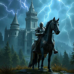 knight crusader on horser stopped front at castle, armor and helmet lightnings, big forest world fantasy, sky auroral lights, realistic artstation