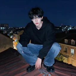 handsome young man with short black hair, glowing light blue eyes, pale skin, crouching on the roof of a house, in a neighbourhood, at night, wearing jeans and a black hoodie, realistic painting by ross tran and gerald brom and alphonse mucha, ilya kuvshinov, greg rutkowski, guweiz, loish, svetlana tigai, artgerm, trending on artstation