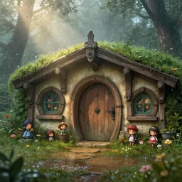a medieval hobbit home, ornate, beautiful, atmosphere, vibe, mist, rain, wet, rain drops, puddles, forest, flowers, concept art illustration, color page, 4 k, tone mapping, doll, akihiko yoshida, james jean, andrei riabovitchev, marc simonetti, yoshitaka amano, digital illustration, greg rutowski, volumetric lighting, sunbeams, particles