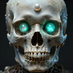very detailed portrait of skull with pearl sphere teal glowing eyes + melting face skin + 4 k hyper details render + by alex grey + fractal mundelbulb intricate design + dramatic lighting + cinematography photography