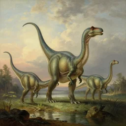 Trias with dinosaurs, in the style of the Hudson River School