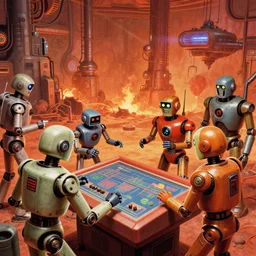pulp retro futurism science fiction robots from the 50s playing atari 2600 inspired by ilm, beeple, star citizen halo, mass effect, starship troopers, elysium, iron smelting pits, high tech industrial, warm saturated colours