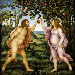 adam and eve reaching for an apple protected by a snake that is hanging from a branch of an apple tree in the garden of eden, painted by botticelli
