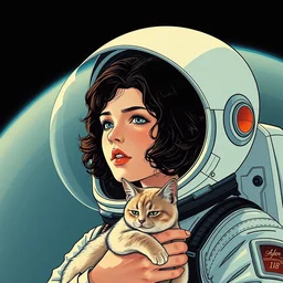 a portrait of a young sigourney weaver from the movie alien, astronaut holding a cat, by shin hanga and kawanabe kyosai and katsuhiro otomo and shohei otomo and satoshi kon, and rossdraws and greg rutkowski weta studio and lucasfilm, coherent behance global illumination golden ratio flat colors, thick black outlined woodblock print