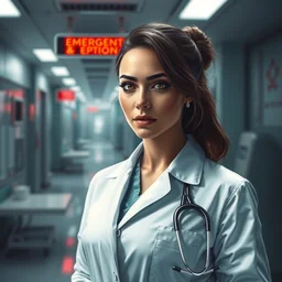 a poster of emergency room, an elegant and beautiful female doctor in a white coat, cinematic, highly detailed, digital painting, artstation, concept art, matte, sharp focus, illustration, art by artgerm and greg rutkowski