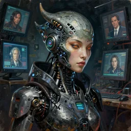 cinematic bust portrait of a Japanese female cyberpunk hacker, head and chest only, exotic alien features, grunge, grime, tech-noir, low-key, glowing lights, robot parts, computer monitors, Tim Hildebrandt, Wayne Barlowe, Bruce Pennington, donato giancola, larry elmore, oil on canvas, masterpiece, trending on artstation, featured on pixiv, cinematic composition, dramatic pose, beautiful lighting, sharp, details, hyper-detailed, HD, HDR, 4K, 8K
