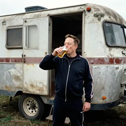 full distant shot of balding elon musk in a tracksuit drinking beer in filthy trailer, by ken loach
