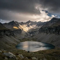 beautiful photo of a french pyrenees landscape of mountains with lake in the foreground by marc adamus, dramatic sky, cinematic lighting, natural colors, trending on flickr, wide angle lens