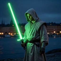 lone jedi looking down on Stockholm, night, green lightsaber, trending on artstation, hd, wlop, octane render, HDRI, atmospheric