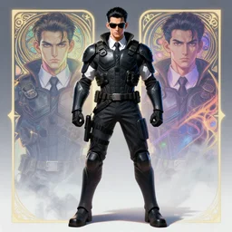 coherent classic intricate symmetry detailed full body and face character design of realistic alt art androgynous boyish agent slick black hair, white shirt tie kevlar tactical bulletproof armor jacket sunglasses heroic action pose smoky neon background artgerm greg rutkowski alphonse mucha trending