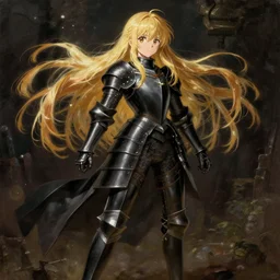 baroque oil painting japanese light novel cover illustration anime key visual full body action shot | young girl wearing black military crusader armour with long flowing blonde hair | lotr gapmoe kuudere moody lighting bokeh stunning highlights sharp contrast | trending pixiv fanbox | by greg rutkowski makoto shinkai takashi takeuchi ufotable studio ghibli
