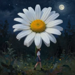 giant daisy flower under head, girl walking in forest, surreal photography, dark night, stars, moon light, impressionist painting, clouds, digital painting, artstation, simon stalenhag