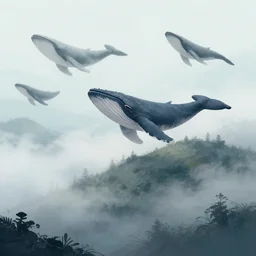 a foggy hill, whales flying in the sky, illustration, fantasy style