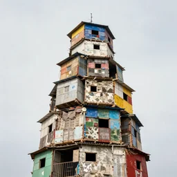 a tower made up of makeshift squatter shacks with bleached colours, vibrant, mamiya, 8 5 mm, f 1. 7, uniform plain sky, fine details, photographed by salvador dali