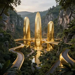 futuristic building in mountain jungle cityscape and surrounded by sculpted roads, golden buildings bridges with overgrown vegetation at las medulas caves of el bierzo, golden buildings by santiago calatrava and zaha hadid, glowing reflections, at dusk, octane render redshift unreal engine, composition by by saul bass and mike mignola