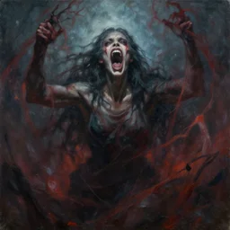 The God of Chaos weaving evil into reality, impressionistic painting, depressing colors, screaming