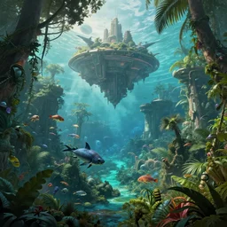 scenary, planet, exuberant jungle, sea creatures, sci - fi, matte painting, ocean, marine creatures, floating city, mack sztaba