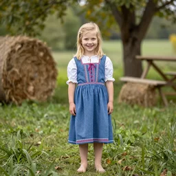 a little peasant girl, blue dress, blond hair, bare feet, smiling