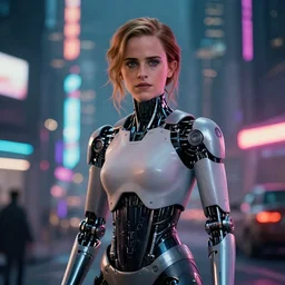 photo of emma watson as a cyborg in a cyberpunk city, neon lights, bloom, bokeh, depth of field, robotic limbs, mid full shot, 8k, highly detailed skin, highly detailed face