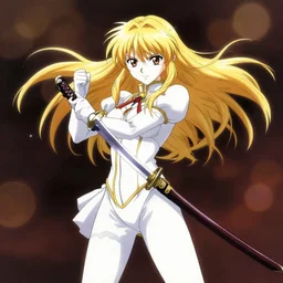 renaissance anime brave elf girl with white skin, half pose, katana in hand, golden hair blowing the wind, strong pose, trending art, fashion photography, centered, fate zero, extremely high detailed, bokeh color background, studio ghibly makoto shinkai, wlop