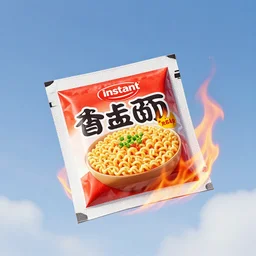 instant ramen packet on fire in the sky